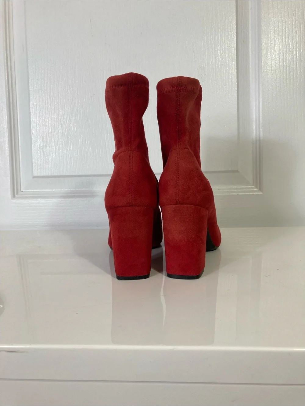 H&M Boots 39/US 9 Red Faux-Suede Ankle Stack Block-Heel